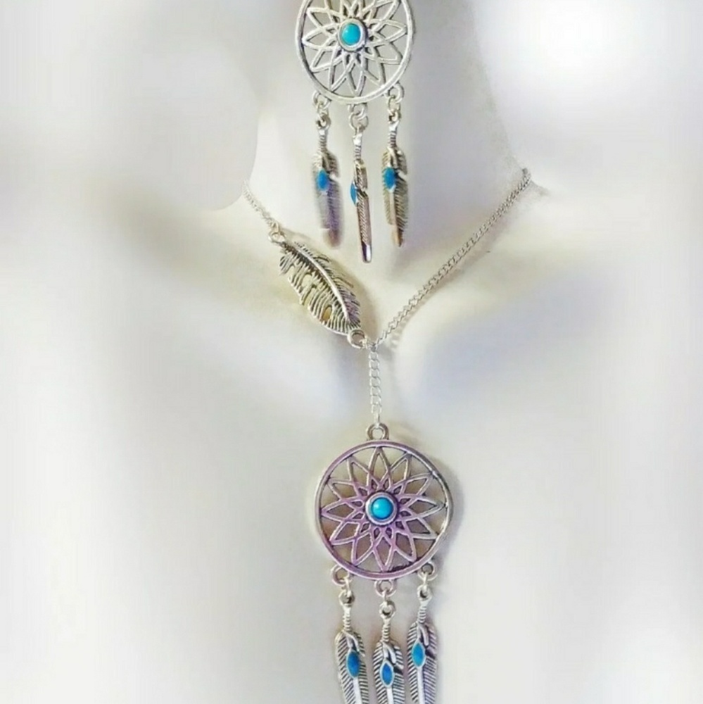 Turquoise Silver Native Dreamcatcher  Jewelry Set